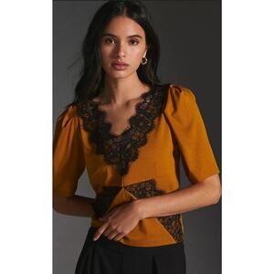 Anthropologie Mustard and Black Lace Blouse